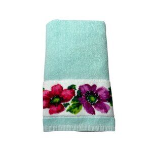 Vintage Teal Floral Hand Towel Indanthren Spring Flowers 18”x35”